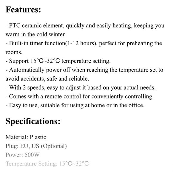 NEW Wall Plugin Portable Heater with remote control - Picture 8 of 11